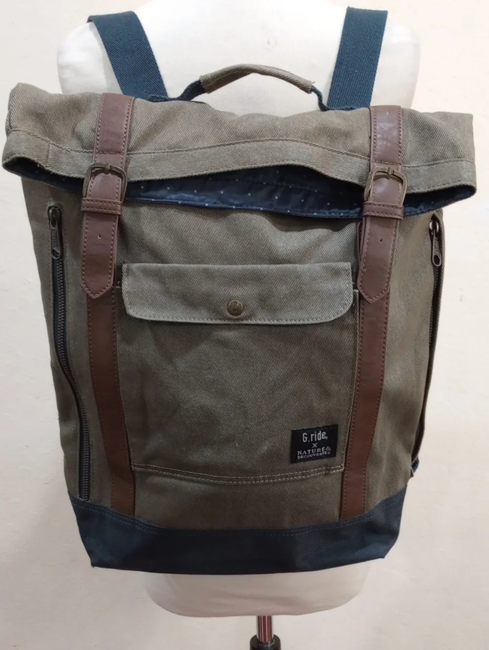 G. Ride France Roll Top Khaki Green Canvas Backpack